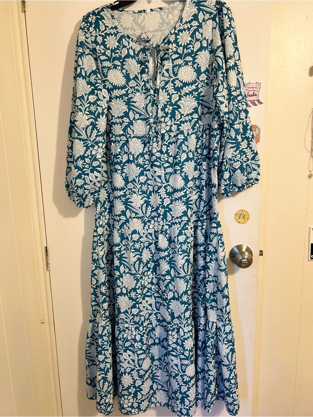 Teal Floral Midi Dress with Tie Neck